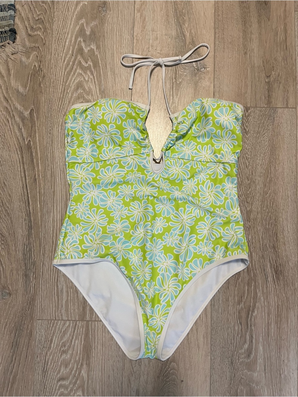 Floral Lime Green Halter One-Piece Swimsuit with White Trim